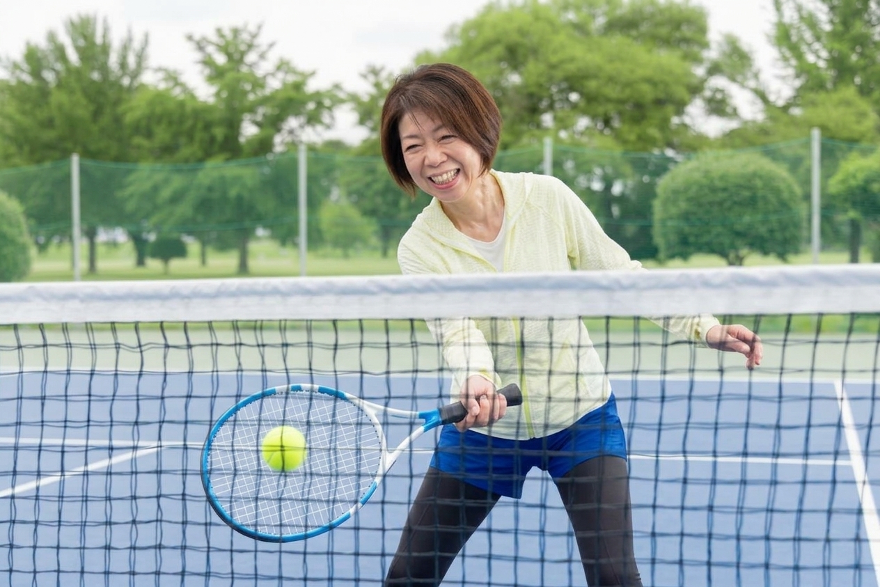趣味のテニスを楽しむ様子